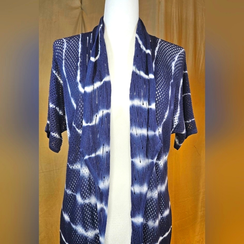 Design 365 Blue Shibori Tie Dye Open Knit Draped Cardigan Wrap Small - Picture 3 of 9